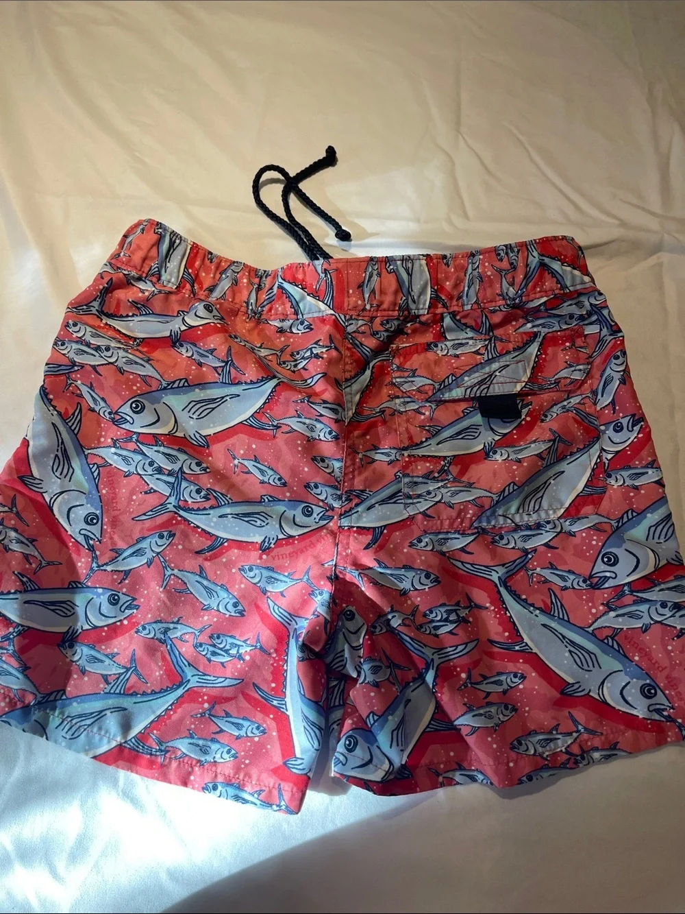 Vineyard Vines Kids Swim Trunks - Coral with Light Blue Fish Print